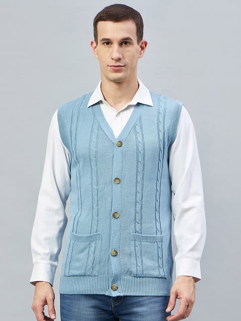 Club York Sky Blue Regular Fit V Neck Self Design Cardigan