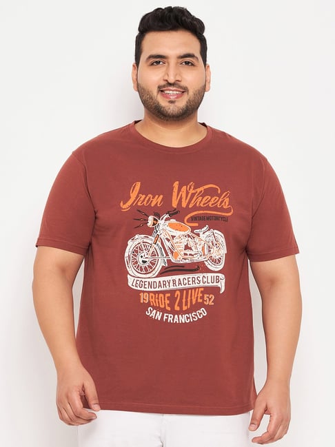 Club York Coffee Brown Regular Fit Printed Plus Size Crew T-Shirt