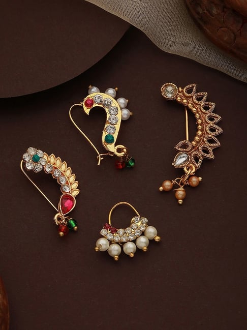 Buy JEWELOPIA Desire Collection Traditional Big Size Maharashtrian Nose ring  without piercing Clip On Nose Ring Pearl Gold Plated Nath For Women Girls  (4 Pair Combo) at Amazon.in