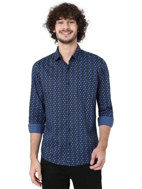 Mufti Navy Blue Cotton Slim Fit Printed Shirt