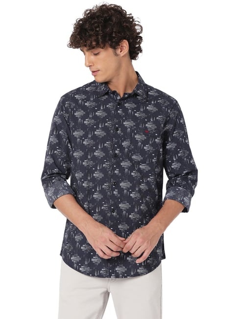 Mufti Navy Blue Cotton Slim Fit Printed Shirt