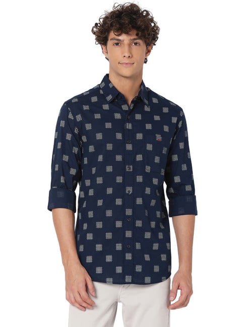 Mufti Navy Blue Cotton Slim Fit Printed Shirt