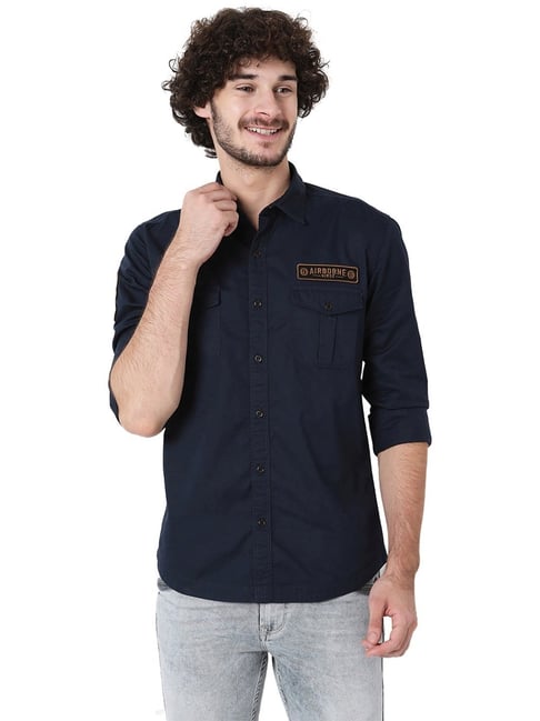 Mufti Navy Blue Cotton Slim Fit Shirt