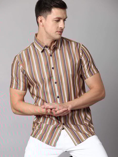 Dennis Lingo Rust Cotton Slim Fit Striped Shirt