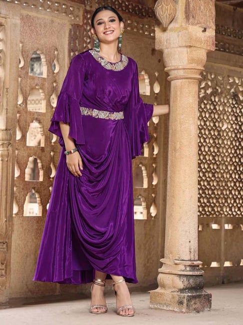purple ethnic dress Ahalyaa Purple Georgette Embroidered Ethnic Dress