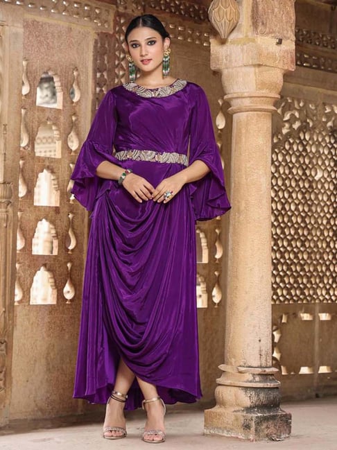 ethnic purple dress Purple Gold Silk Knee-Length Ethno-Chic Dress