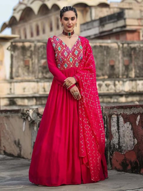 PANIT Pink & White Ethnic Motifs Embroidered Georgette Ethnic Maxi Dress  With Dupatta - Absolutely Desi