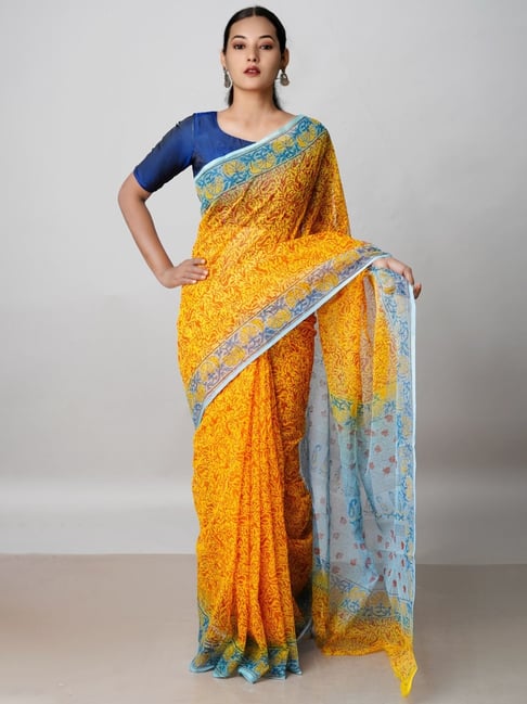 Mango yellow silksaree with Blue Blouse | Wedding saree blouse designs,  Indian bridal outfits, Wedding saree indian