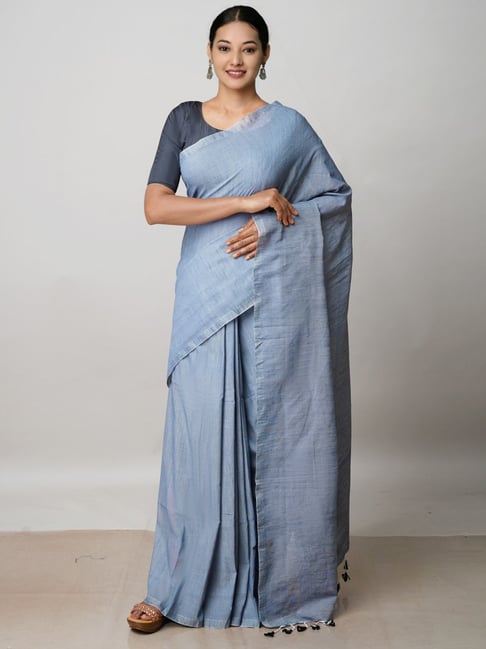 Pure Linen Saree in Purple and Grey Piping borders and with Contrast B –  www.soosi.co.in