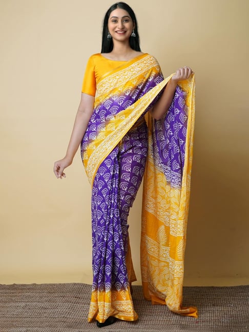 Mustard yellow chiffon saree with hand worked purple Blouse – Threads