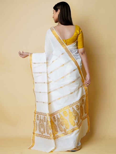 Tie Dyed Cotton Linen Saree in Off White and Yellow : SQP40