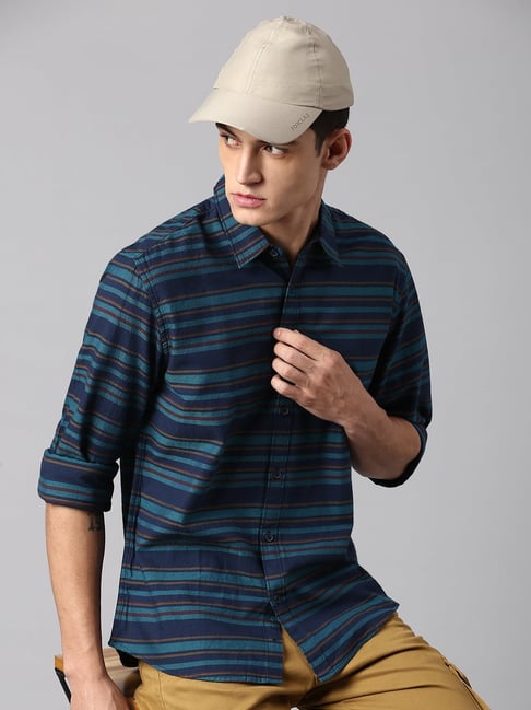 Dennis Lingo Ink Blue Cotton Slim Fit Striped Shirt