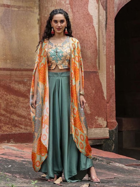 Orange printed crop top style palazzo suit - G3-GSS2556 | G3fashion.com