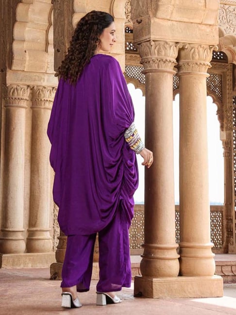SCAKHI Purple Embellished Tunic Pant Set With Camisole
