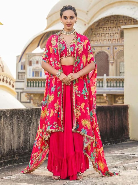 Pink Skirt And Top Ethnic SCAKHI Pink Printed Crop Top Skirt Set