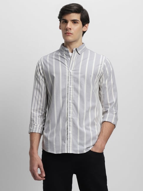 Dennis Lingo Blue Cotton Slim Fit Striped Shirt