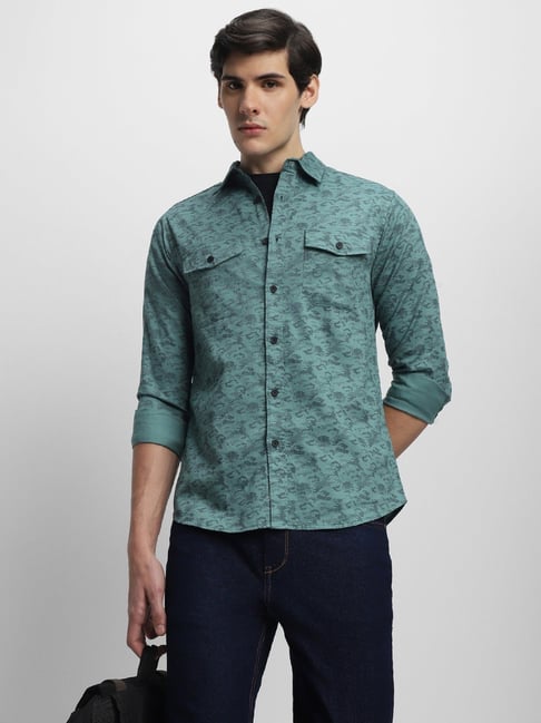 Dennis Lingo Green Cotton Slim Fit Printed Shirt