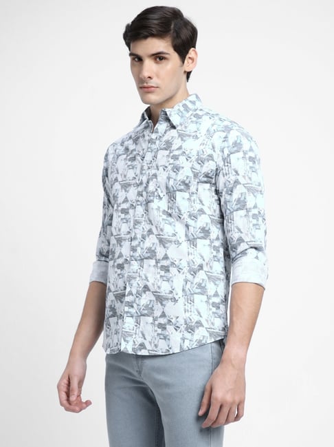 Dennis Lingo Blue Cotton Slim Fit Printed Shirt