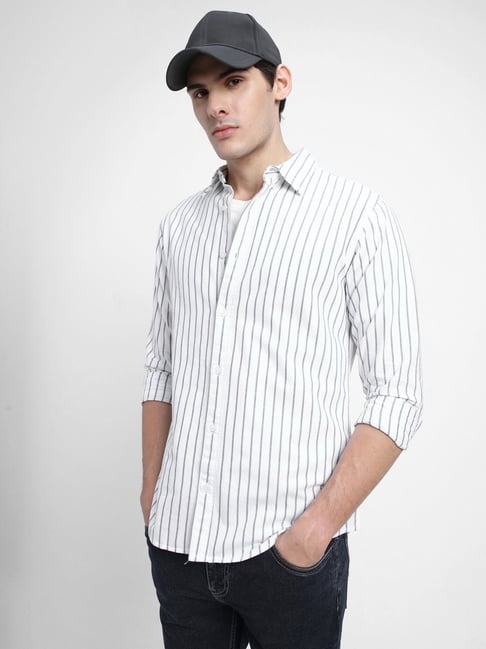 Dennis Lingo White Cotton Slim Fit Striped Shirt