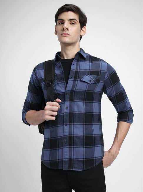 Dennis Lingo Blue Cotton Slim Fit Checks Shirt