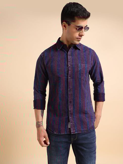 Dennis Lingo Red Navy Cotton Slim Fit Striped Shirt