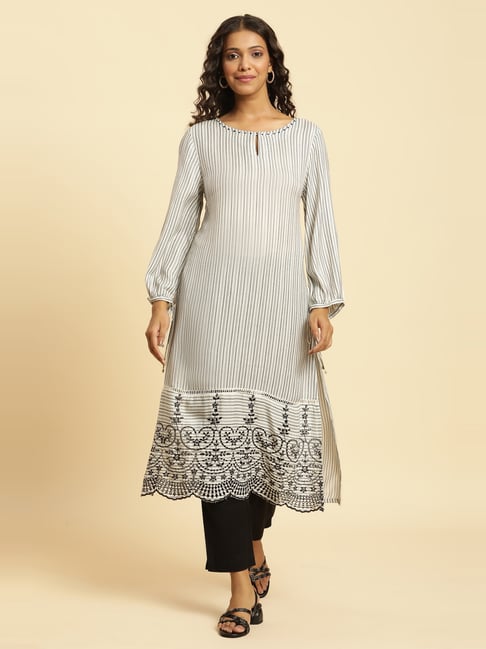 W Women White Striped Print Rayon Straight Kurta-picture-46