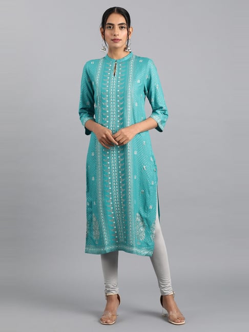 W Blue Printed Straight Kurta-picture-23
