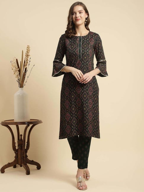 Kurta Donna Rangita – Vestito Etnico In Cotone – Colore Ruggine – Modello Stampato Svasato Con Maniche 3/4 - 3