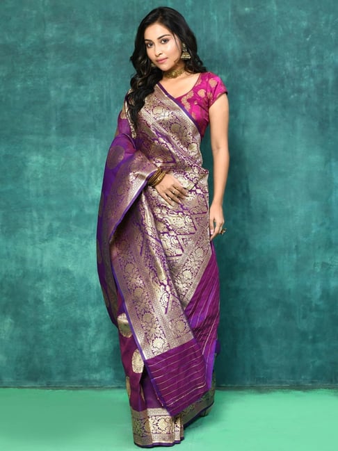 Dark Purple Kanchipuram Lichi Silk Saree with brocade blouse