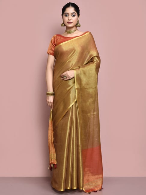 Buy Gold Saree Silk Tissue Farhana Trim Lace Border With Blouse For Women  by Begum Pret Online at Aza Fashions.