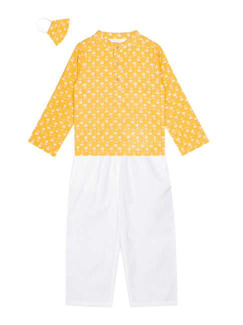 Budding Bees Kids Yellow & White Floral Print Full Sleeves Kurta, Pants with Mask-picture-35