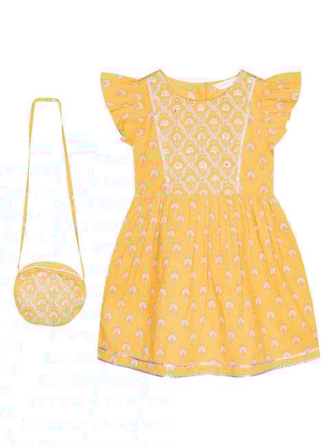 Budding Bees Kids Mustard Floral Print Dress with Sling Bag-picture-20