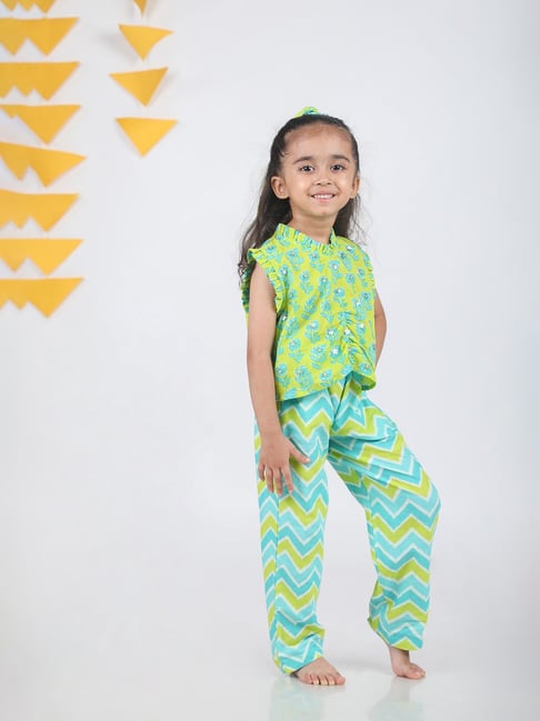 Budding Bees Kids Mint Green Printed Top, Trousers with Scrunchie-picture-17