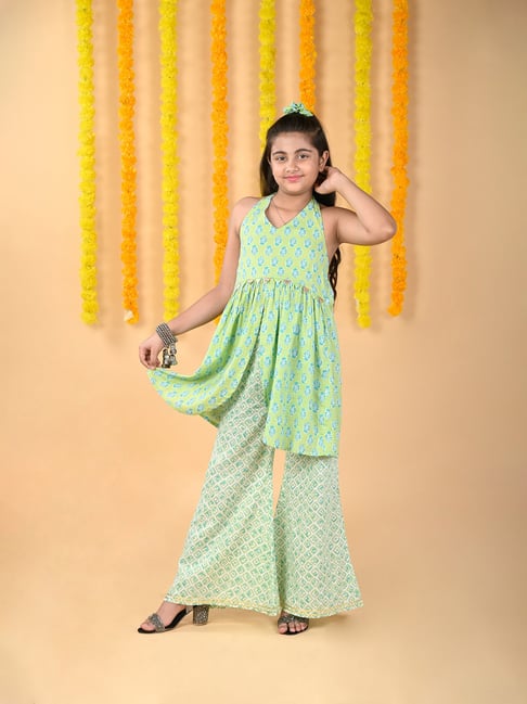 Budding Bees Kids Mint Green Floral Print Top with Sharara-picture-23