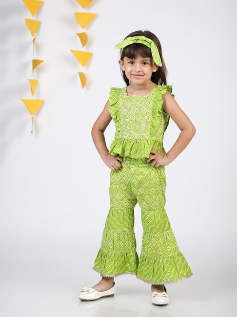 Budding Bees Kids Green Printed Top, Sharara with Hairband