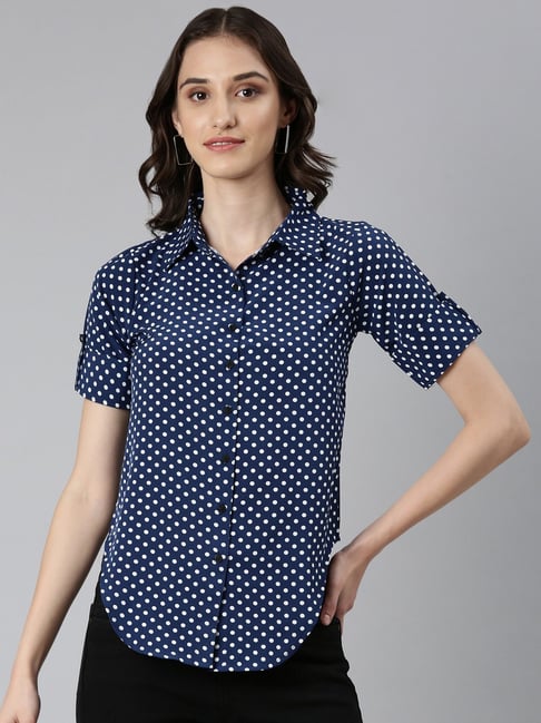 Blue and white polka dot shirt online