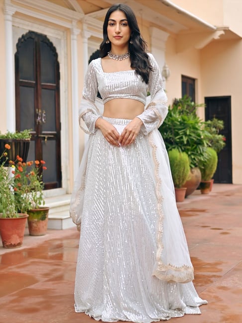 White Color Pure Cotton Two Piece Lehenga With Lucknowi Work