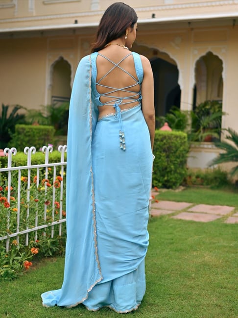 Plain Blue Backless Sarees, With blouse piece at Rs 500/piece in