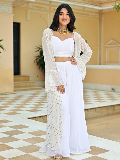 Lavanya The Label White Embroidered Crop Top Palazzo Set With Jacket