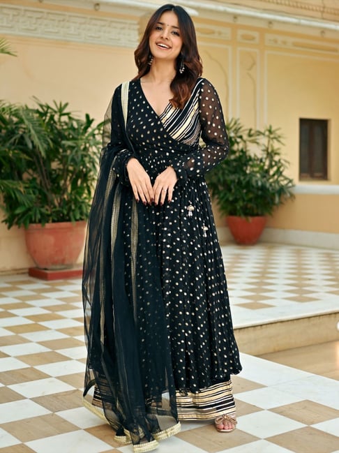 black net embroidered jacket style palazzo suit 3108