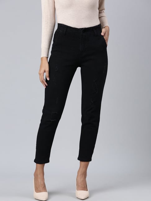 SHOWOFFFF Black Denim Boyfriend Fit Mid Rise Jeans