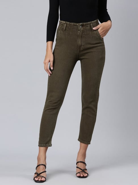 Buy CRIMSOUNE CLUB Green Womens Olive Solid Denim | Shoppers Stop