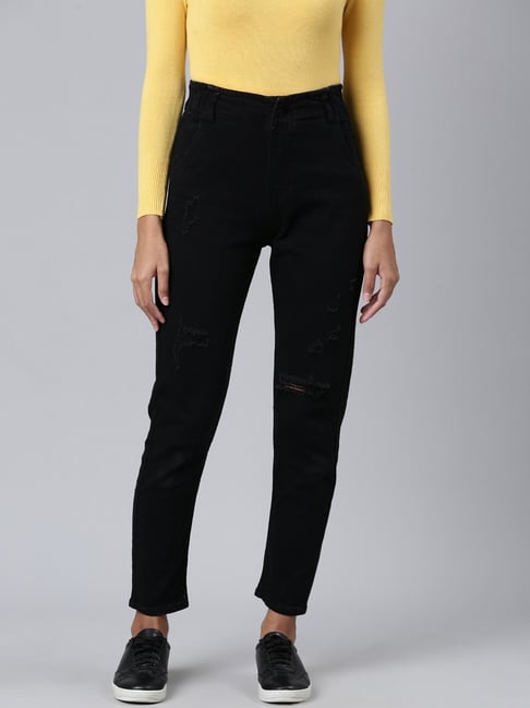 SHOWOFFFF Black Denim Distressed Boyfriend Fit Mid Rise Jeans