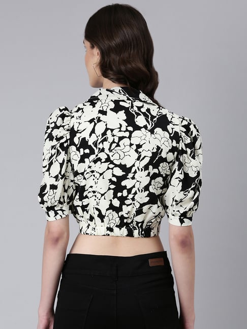 SHOWOFFFF Black Off White Floral Print Crop Top