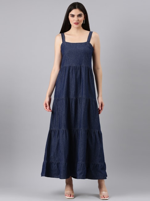 Buy Navy Blue Denim V-Neck Sleeveless Dress Online | FableStreet