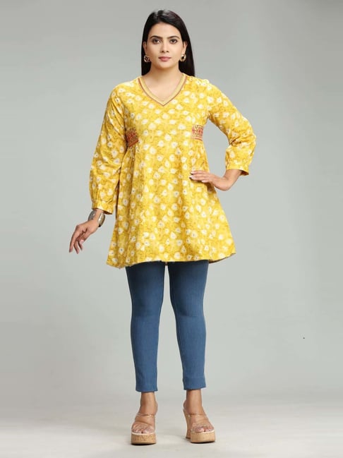 Mfab9 Women's Cotton Bagru Printed Mustard Yellow Short Kurti – MFAB9