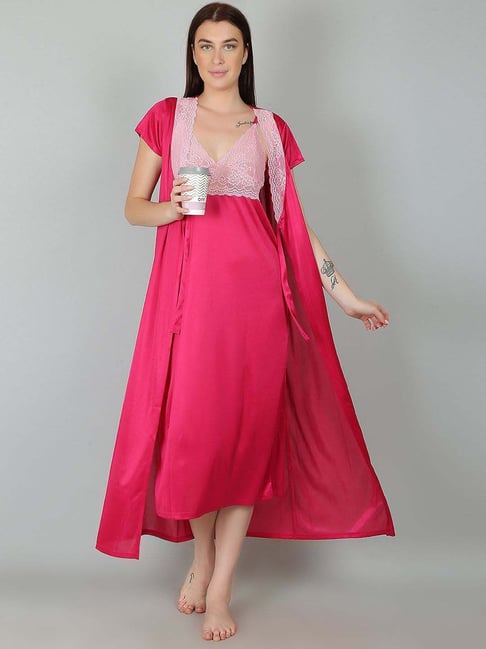 N-Gal Pink Lace Work Nighty With Robe