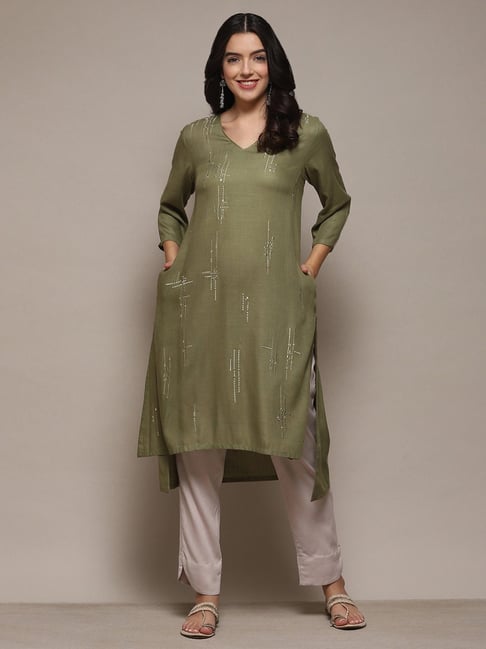 Biba Green Embroidered High Low Kurta-picture-31