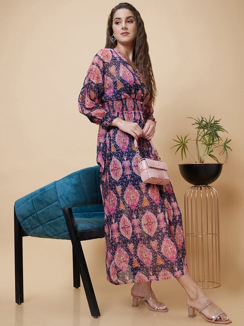 Globus Black Pink Floral Print Midi Dress