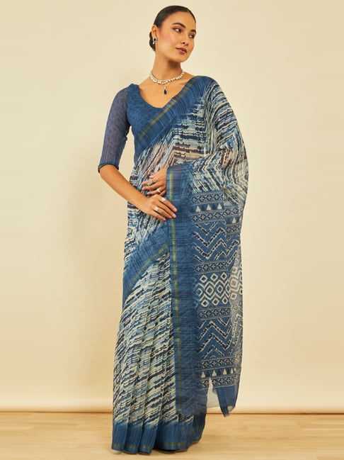 Indigo cotton saree with kantha work, sleeveless blouse – Z'Bella Couture